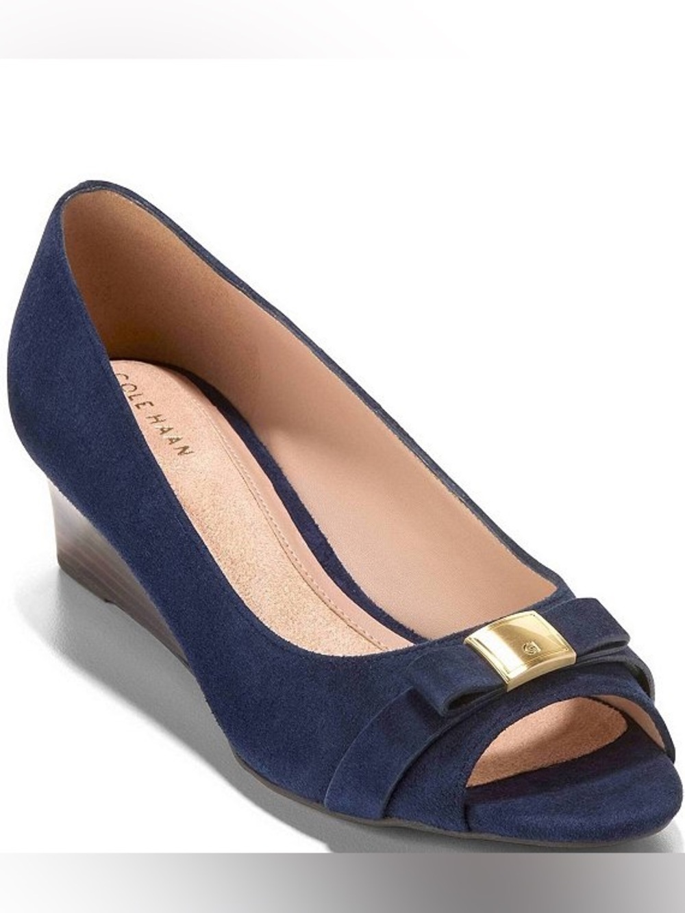 Cole Haan Navy Suede Peep-Toe Wedge with Bow and Gold Accent, size 7B